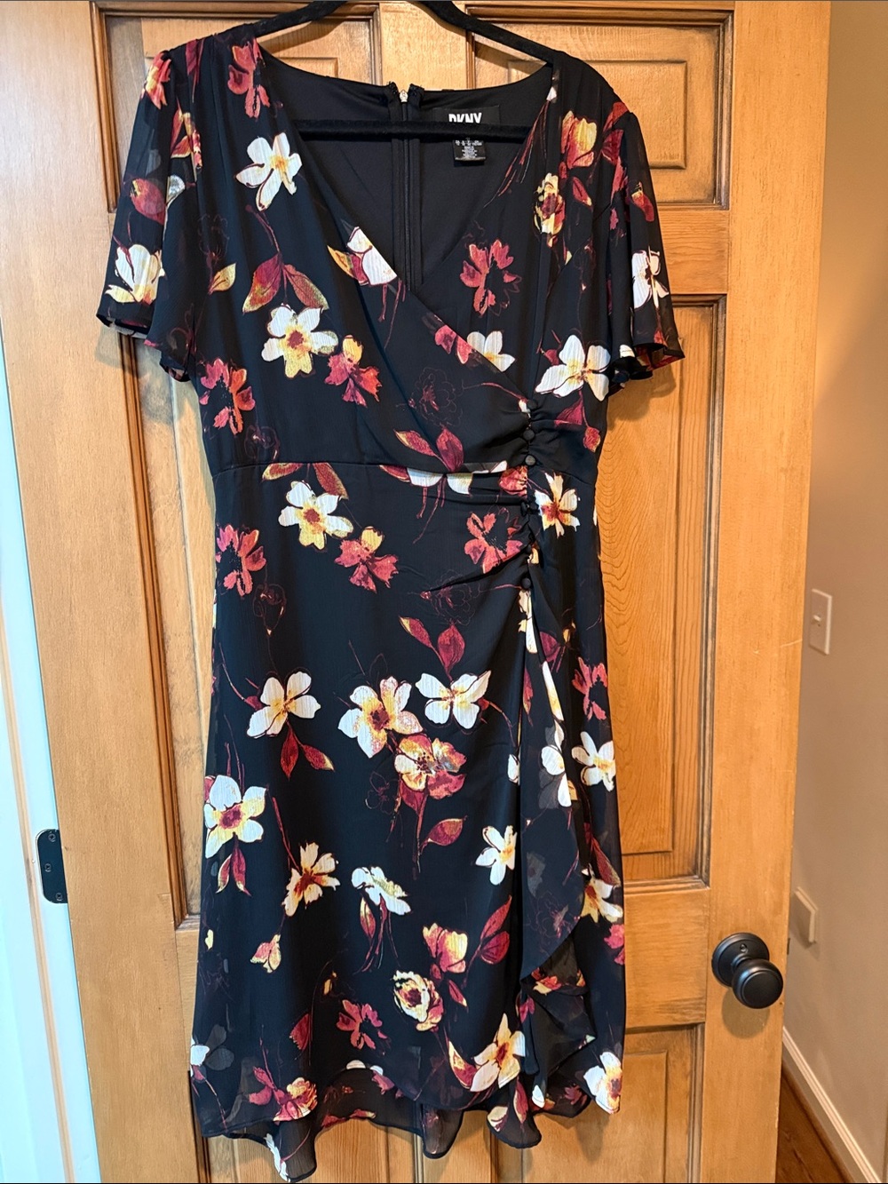 Dkny Black Floral Wrap Midi Dress with Burgundy and Cream Blooms